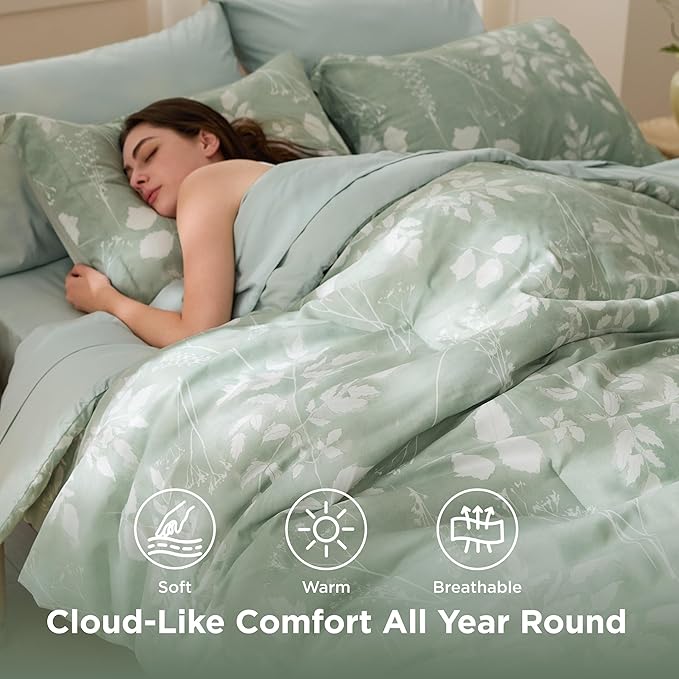 Bedsure Full Size Comforter Set - 7 Pieces Floral Sage Green Soft Bedding Sets, Full Bed in a Bag with Botanical Flowers Comforter, Sheets, Pillowcases & Shams
