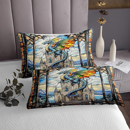 Western Dragon Kids Bedspread Queen Size,Tale Castle Cloud Glass Dragon Coverlet Set,Boys Girls Room Decor,Geometric Patchwork Natural View Quilted Coverlet,Blue Retro Bedding Quilt,2 Pillowcases
