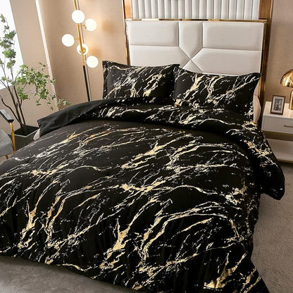 WONGS BEDDING Black Gold Metallic Marble Comforter Set Queen Foil Print Glitter Bedding Sets with 2 Pillowcases for All Seasons, Soft Microfiber Filling Bedding Duvet Set 90"x90"