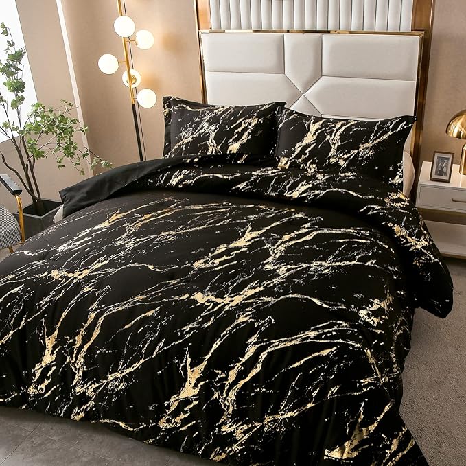 WONGS BEDDING Black Gold Metallic Marble Comforter Set King Foil Print Glitter Bedding Sets with 2 Pillowcases for All Seasons, Soft Microfiber Filling Bedding Duvet Set 103"x90"