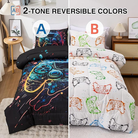 A Nice Night Boys Queen Size 5-Piece Game Console Comforter Set, for Kids Teen 3D Colorful Background Space Universe Gamepad Gaming Printed Matching Sheet Sets