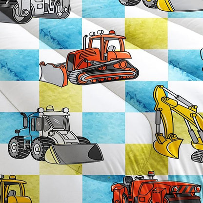 Boy's Construction Truck Comforter Set King,Orange,and Yellow Truck 3 Pieces Bedding Set for Kids Boys Teens,Blue and Yellow Plaid Microfiber Lightweight Quilt Bedroom Decor with 2 Pillow Cases