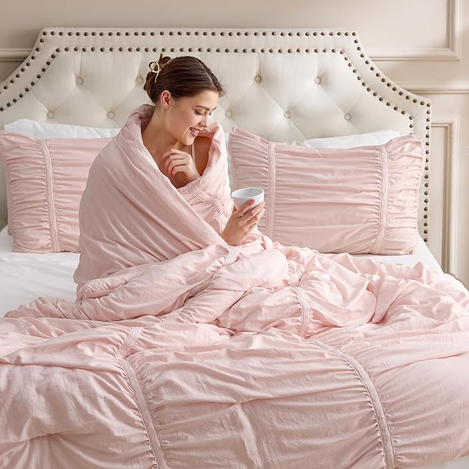 Bedsure Ruched Comforter Set with Bow Trim Pink, GentleSoft™ 3 Pieces Bow Shabby Chic Bedding Pink Room Decor, Full Boho Bedding for Girls Teens Women, 1 Bed Comforter, 2 Pillow Shams, 82x86 Inches