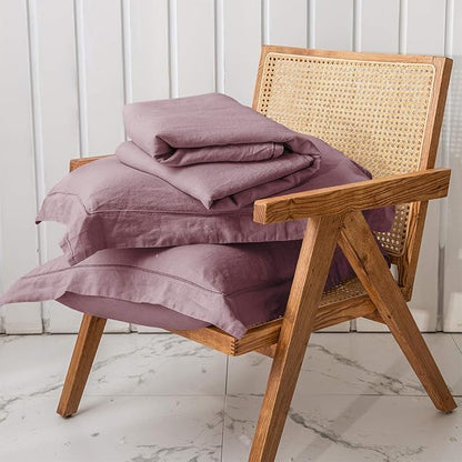 Simple&Opulence 100% Washed Linen Duvet Cover with Embroidered, 2 Pieces Soft Farmhouse Comforter Set with Button Closure,1 Duvet Cover and 1 Pillowsham(Twin,Purple)
