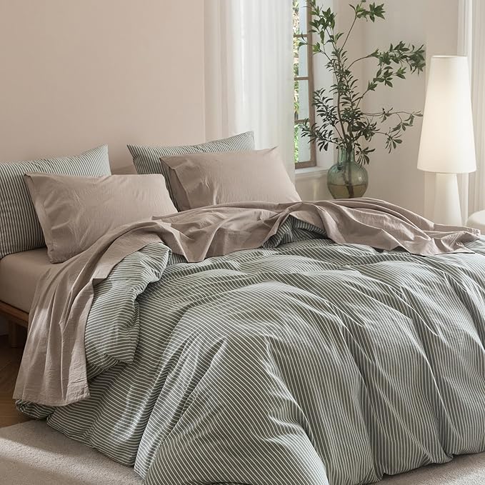 JIYUAN Queen Size Sheet Set, 4-Piece - 100% Washed Cotton, Linen-Like Soft & Breathable, Includes Deep Pocket Fitted & Flat Sheet with 2 Pillowcases, Hotel Quality, Heathered Warm Taupe