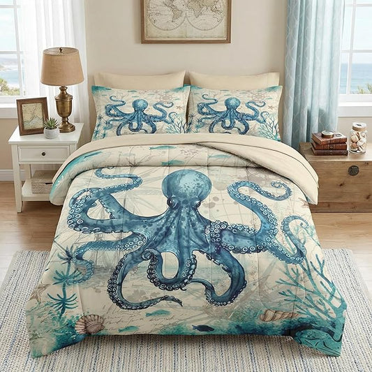 Comforter Set Full Size, Octopus Beach 7 Pcs Bedding for Kids and Adults, Summer Sea Animal Bed Sheet Sets with Fitted Sheet 2 Pillowcase & 2 Sham for Bedroom Bed Decor