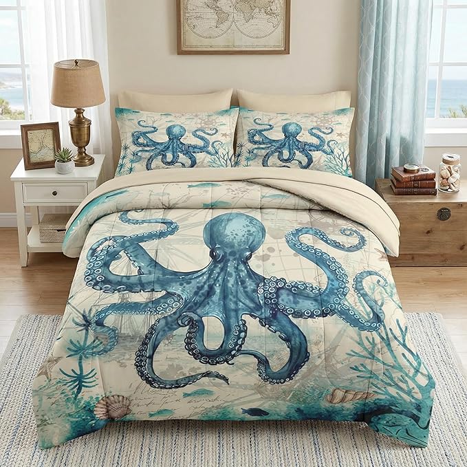 Comforter Set Queen Size, Vintage Sea Map 7 Pcs Bedding Set for Kids and Adults, Summer Octopus Animal Bed Sheet Sets with Fitted Sheet 2 Pillowcase & 2 Sham for Bedroom Bed Decor