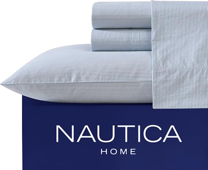 Nautica - Twin XL Sheet Set, Cotton Percale Bedding Set, Crisp & Cool, Lightweight & Breathable (Penny Pinstripe Blue, Twin XL)