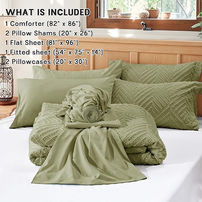 Zzlpp Full Comforter Set 7 Pieces, Army Green Tufted Bed in a Bag, All Season Boho Bedding With Comforter, 2 Pillow Shams, 2 Pillowcases, 1 Flat Sheet, 1 Fitted Sheet