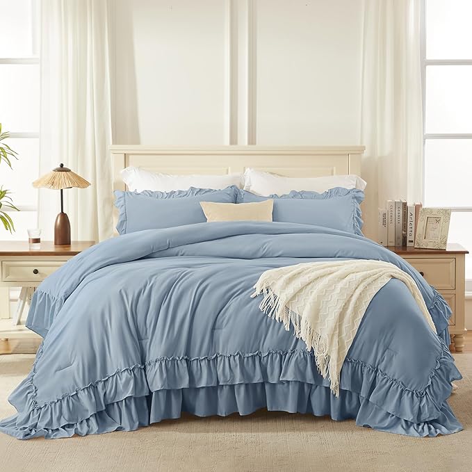 Andency Grayish Blue Queen Comforter Set, 3 Pieces Farmhouse Shabby Chic Ruffle Bedding Comforter Sets, All Season Lightweight Fluffy Soft Polyester Bed Set for Boys, Men, Adults (90x90Inch)
