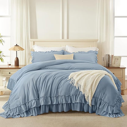 Andency Grayish Blue Queen Comforter Set, 3 Pieces Farmhouse Shabby Chic Ruffle Bedding Comforter Sets, All Season Lightweight Fluffy Soft Polyester Bed Set for Boys, Men, Adults (90x90Inch)