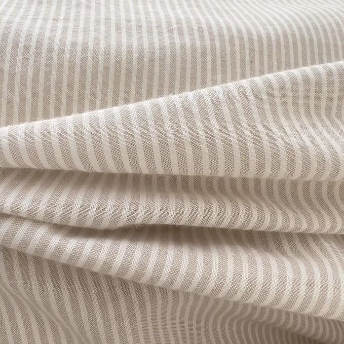 MKXI Ultra-Slim Stripes Washed Cotton Duvet Cover Set, Breathable Textured Coastal Bedding in Oyster White & Sand Dune, Queen 3-Piece, Nautical Stripe