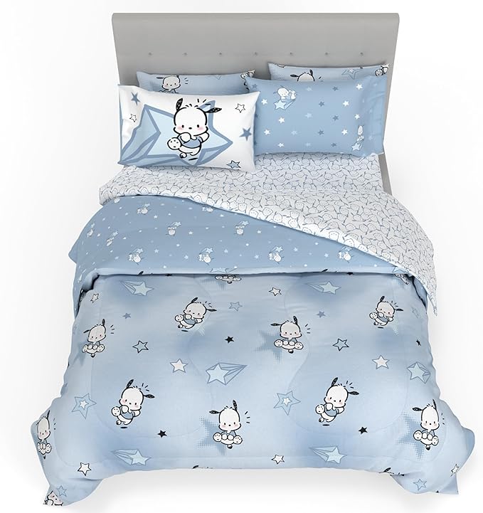 Sanrio Pochacco Bedding 7 Piece Super Soft Cozy Reversible Comforter and Sheet Set with Sham, Full, (Officially Licensed Product) By Franco