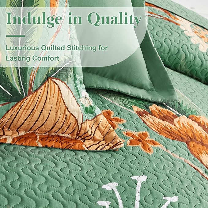 3 Piece Sage Green Boho Floral King Size Quilt Sets Farmhouse Botanical Reversible Lightweight Bedspread Coverlet with 2 Shams Butterfly Microfiber Bedding Quilts Set for All Season, 106''x96''
