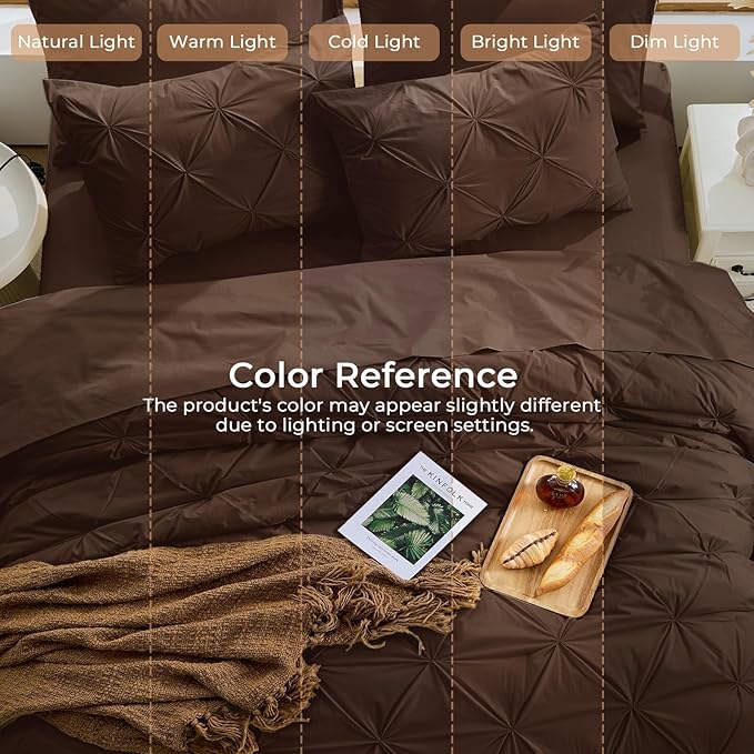 Sasttie California King Comforter Set, 7-Piece Bed in a Bag Cal King, Pintuck Bedding Set for All Season, Includes Comforter, Flat Sheet, Fitted Sheet, Pillowcases and Pillowshams, Dark Brown