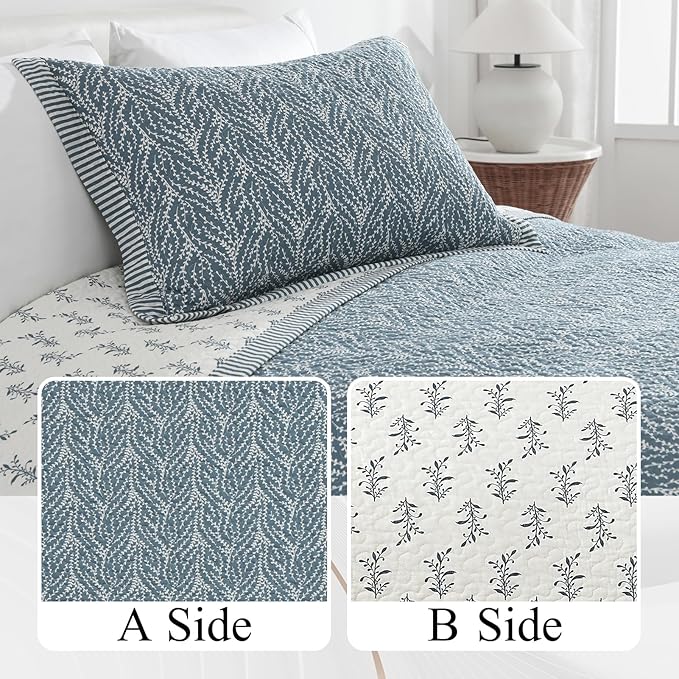 SahSahCasa Quilt Set Queen Size, 100% Cotton Quilt Bedding Set Bedspread, Botanical Pattern Solid Color Chic Lightweight Quilted Comforter for Queen Bed, White/Grayish-Blue, All Season, 3 Pieces