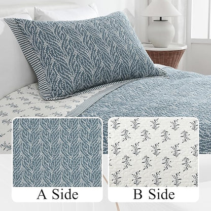 SahSahCasa Quilt Set Queen Size, 100% Cotton Quilt Bedding Set Bedspread, Botanical Pattern Solid Color Chic Lightweight Quilted Comforter for Queen Bed, White/Grayish-Blue, All Season, 3 Pieces
