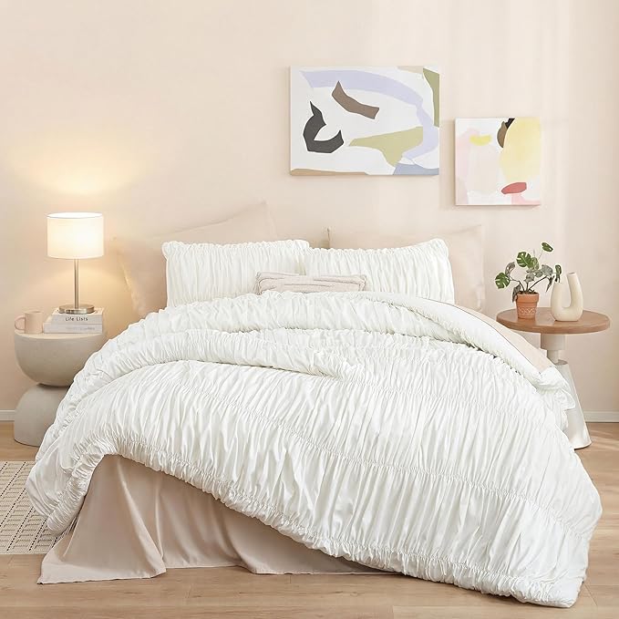weigelia Cream Comforter Set King – Textured Ruched Cream Ivory King Comforter Set, Soft White Aesthetic Bedding with 2 Pillowcases, 3 Piece Modern Organic Bedroom Comforter Set