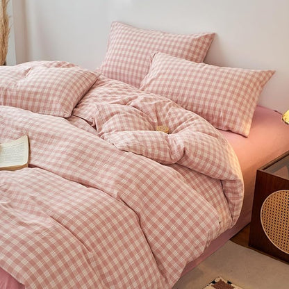 EAVD Vintage Style Gingham Plaid Duvet Cover Full Pink White Soft 100% Washed Cotton Chic Warm Checkered Bedding Set with 2 Pillowcases Farmhouse Grid Gingham Duvet Cover with Zipper Closure