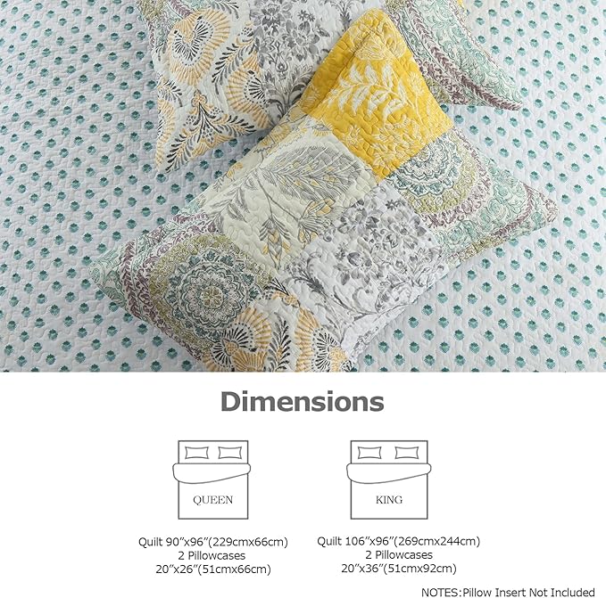 DURLENGEN Botanical Yellow 100% Cotton King Quilt 3Pcs,Bohemian Patchwork Leaves Pattern on White, Luxury Lightweight Coverlet Sets for All Season(King 106x96,Botanical Yellow)