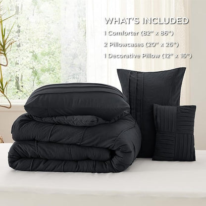 Bedsure Full Comforter Set - 4 Pieces Pinch Pleat Bed Set, Black Boho Bedding for All Season, 1 Soft Comforter, 2 Pillowcases, 1 Decorative Pillow