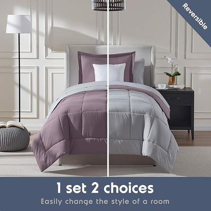 Nestl 5 Piece Twin Comforter Set – Dusty Purple Reversible Bed in a Bag – Complete Twin Size Bedding Set with Sheets, Pillowcase and Sham