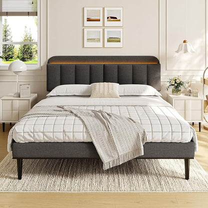 Adjustable Headboard for King/California King Size Bed Frame, Linen Fabric Bed Headboard with Storage & RGB LED Light in Modern Vertical Channel Design, Dark Grey