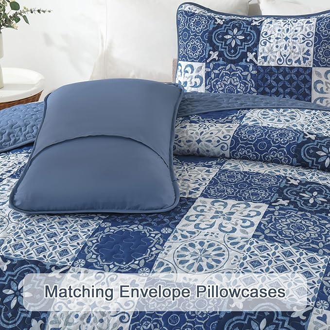 Dobuyly Boho Quilt Set Queen Size Navy Blue Plaid Patchwork Bedspread Coverlet Set, 3 Pieces Summer Quilt Bedding Set Soft Lightweight Navy Boho Farmhouse Bed Cover for All Seasons 96"x90"