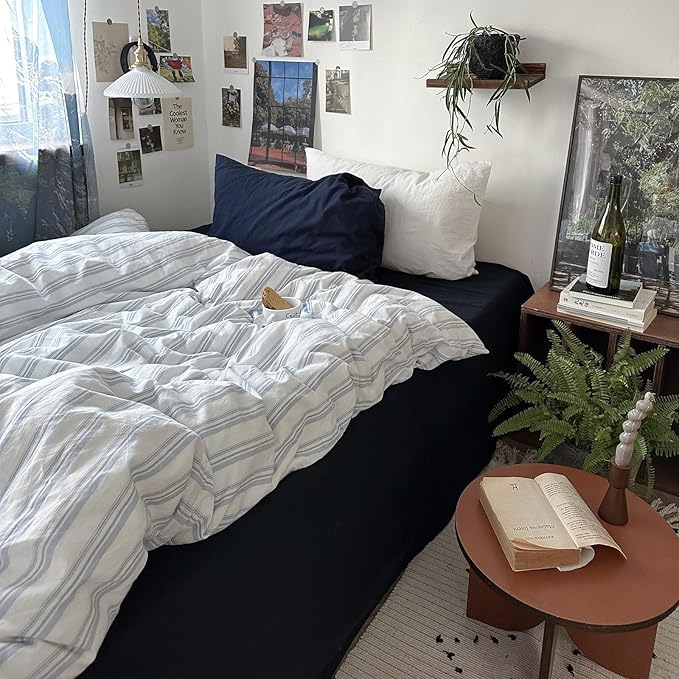 mixinni Vintage Blue & White Striped Duvet Cover Set - 3 Piece 100% Washed Cotton King Size Bedding | Minimalist Relaxed Style | Ultra Soft Breathable, with Zipper Closure & Corner Ties-King Size
