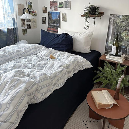 mixinni Vintage Blue & White Striped Duvet Cover Set - 3 Piece 100% Washed Cotton Twin Size Bedding | Minimalist Relaxed Style | Ultra Soft Breathable, with Zipper Closure & Corner Ties-Twin Size