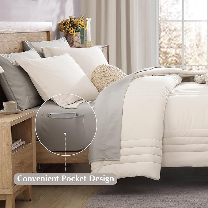 Monbix California King Size Comforter Set - 7 Pieces Bed in a Bag California King, White Bedding Sets with Comforter, All Seasons Comforter Bed Set with Sheets, Pillowcases & Shams