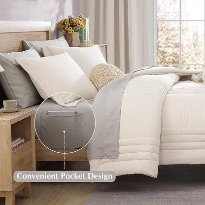 Monbix California King Size Comforter Set - 7 Pieces Bed in a Bag California King, White Bedding Sets with Comforter, All Seasons Comforter Bed Set with Sheets, Pillowcases & Shams