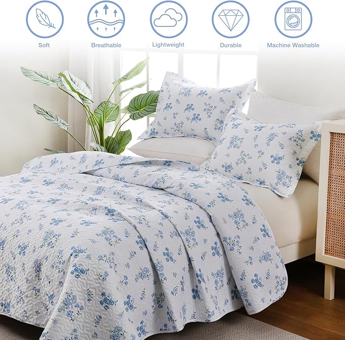 Blue Floral Quilt Queen Size - Reversible Quilt Set Flowers 3 Pieces Soft Lightweight Bedspread with 2 Pillow Shams for All Seasons (90"×90")