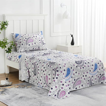 JSD Paisley Floral Printed Sheet Set Twin Size, 3 Piece Soft Pattern Microfiber Sheets Extra Deep Pocket
