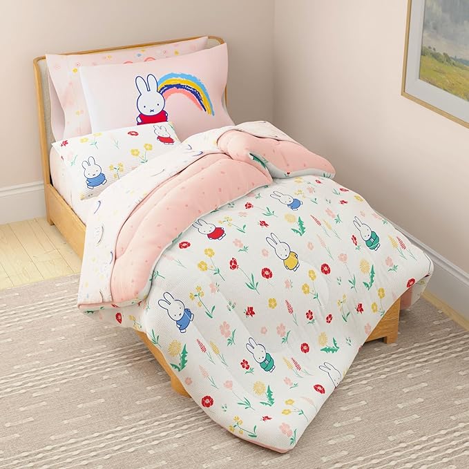 Miffy Bedding Set, Twin Size 5-Piece Super Soft Fluffy Reversible Comforter & Sheet Set with Sham, (100% Officially Licensed Product) By Franco Collectibles