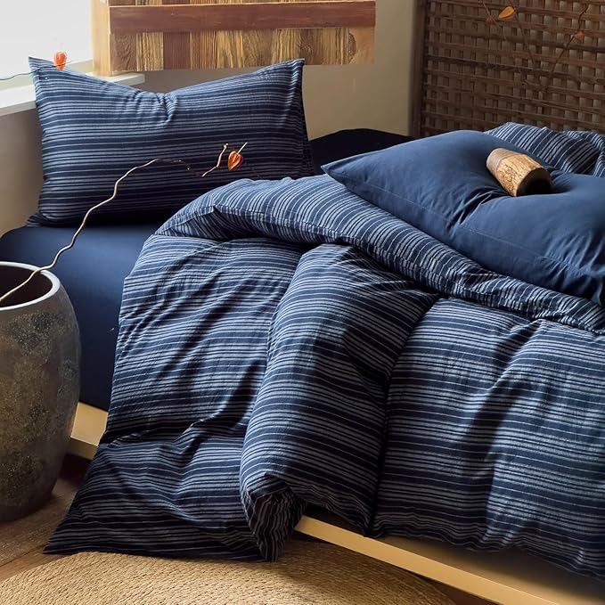 EAVD Retro Striped Duvet Cover Full Navy Blue Soft 100% Washed Cotton Reversible Stripes Pattern Bedding Set with 2 Pillowcases Farmhouse Geometric Pattern Duvet Cover with Zipper Closure