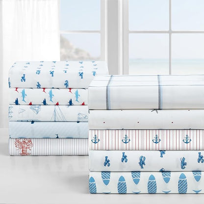 Nautica - Twin Sheets, Cotton Percale Bedding Set, Fully Elasticized, Ideal Dorm Essentials (Woodblock Fish Blue, Twin)