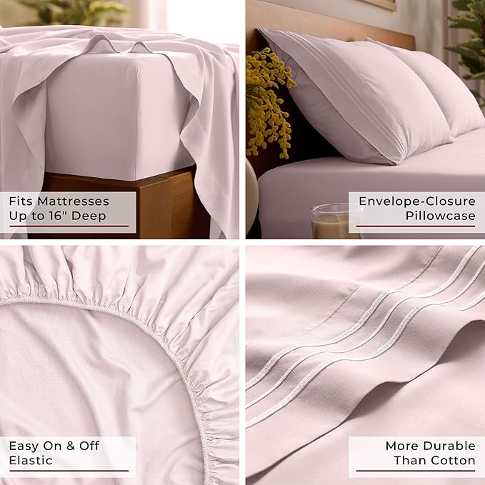 Mellanni Twin XL Sheet Set - 4-Piece Iconic Collection Bedding, (Including 2 Pillowcases), 16-Inch Deep Pocket, Easy Care, Extra Soft, Cooling Sheets, Brushed Microfiber - Blush Pink