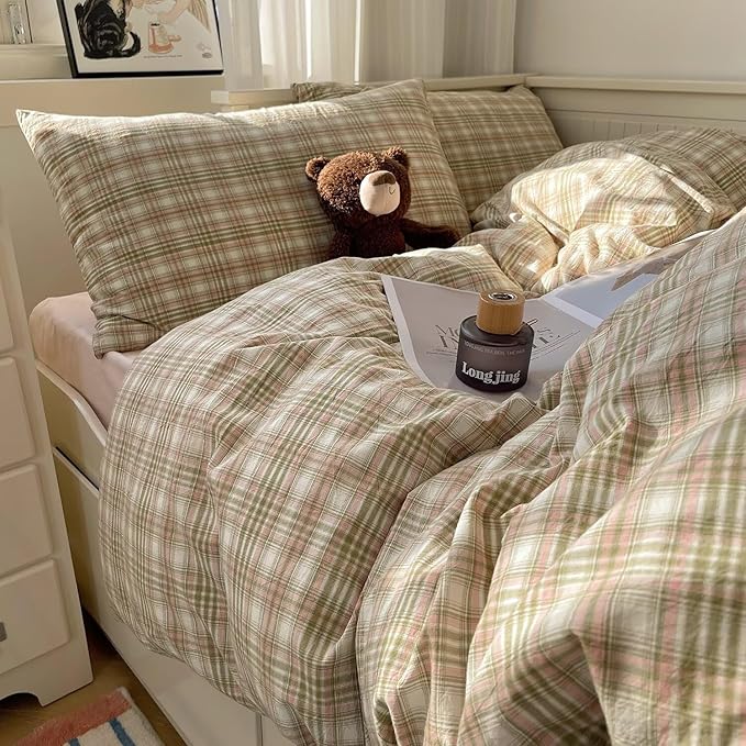MKXI Pistachio and Pink Plaid Duvet Cover Twin, 3-Piece Vintage Aesthetic Bedding Set, 100% Washed Cotton, Breathable & Lightweight Reversible Design with Zipper Closure