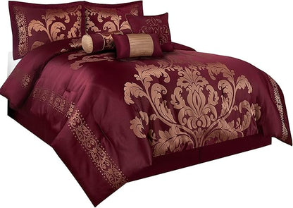 Chezmoi Collection Royale 7-Piece Jacquard Floral Comforter Set, Oversized King, Maroon/Gold