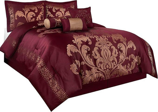 Chezmoi Collection 7-Piece Jacquard Floral Comforter Set (King, Maroon)