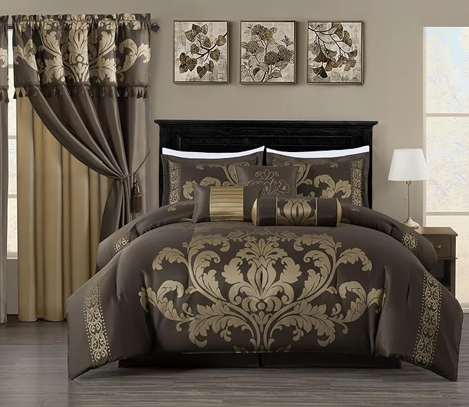 Chezmoi Collection Royale 7-Piece Jacquard Floral Comforter Set, Oversized Queen, Coffee/Gold