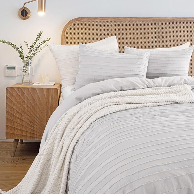 NEXHOME PRO Twin Duvet Cover,Light Grey 2 Pieces Boho Tufted Duvet Cover Set, Soft and Lightweight 100% Washed Microfiber Comforter Cover Set for All Season(Light Grey Twin, 66 x 90)-No Comforter