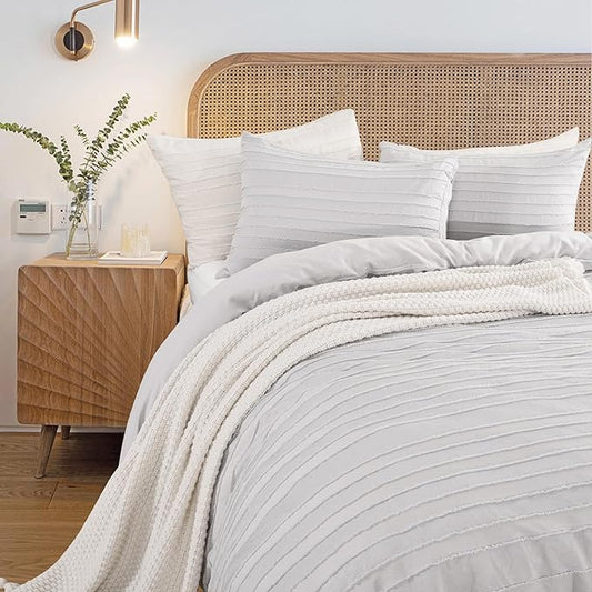 NEXHOME PRO Duvet Cover King,Light Grey 3 Pieces Boho Tufted Duvet Cover Set, Soft and Lightweight 100% Washed Microfiber Comforter Cover Set for All Season(Light Grey King, 104 x 90)-No Comforter