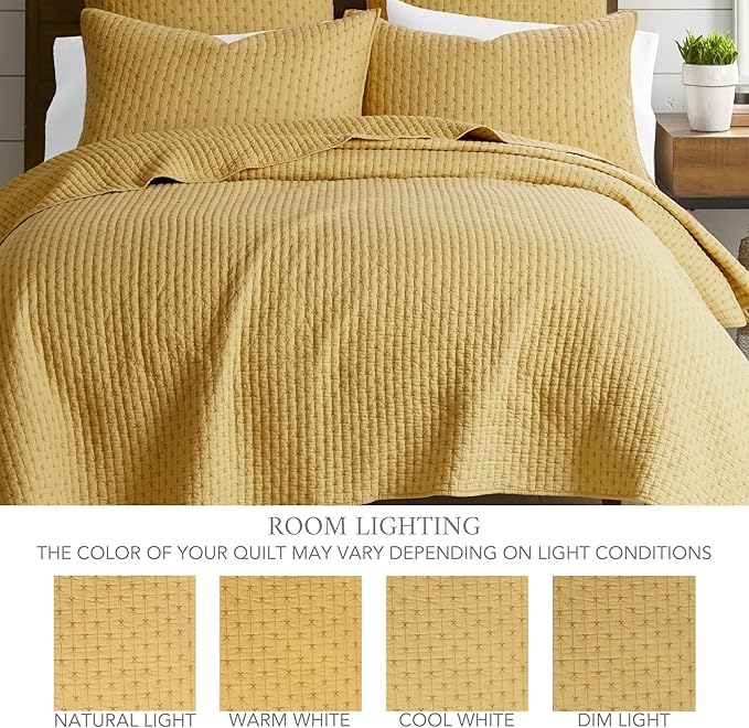 Levtex Home Cross Stitch Reversible King Bedspread Set (120x104in) with 2 Pillow Shams (36x20in) - Stitch Texture - Ochre - Cotton King Size Bedspread Set - Soft, Pre-Washed