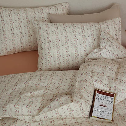 Floral Comforter Queen Size Set Cotton Boho Bedding Set Fluffy Girls Down Alternative All Season Bedding Comforter Sets Cozy Light Weight Cute Farmhouse Bed Comforter with 2 Pillowcases