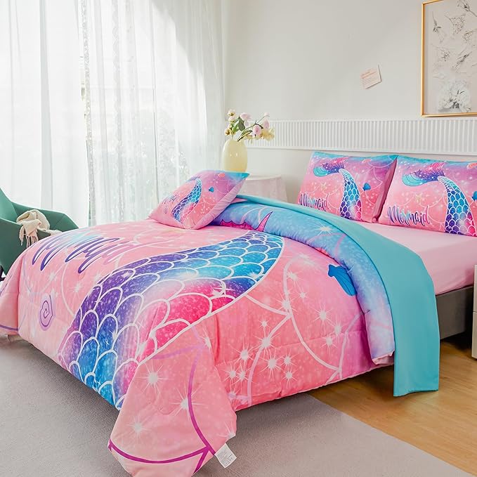 RYNGHIPY Mermaid Kids Girls Comforter Set Full Size Pink Blue Gradient Fish Tail Bed in a Bag - Includes Comforter & Sheet Set for Teens Girls Super Soft Kids Bedding