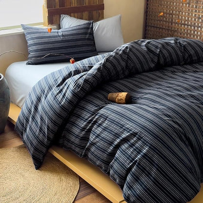VM VOUGEMARKET Navy Blue Striped Duvet Cover King,Japanese Style Washed Cotton Duvet Cover with 2 Pillowcases,Breathable Comforter Cover for Cozy Minimalist Bedrooms
