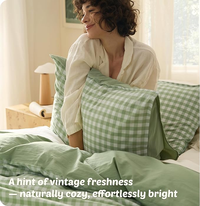 Bedsure Gingham Duvet Cover King Size, 100% Washed Cotton PureWoven Duvet Cover Linen Like Textured, Classic Yarn-Dyed Checkered Pattern Enhances Bedroom Comfort & Style, Gingham Sage Green, 104"x90"