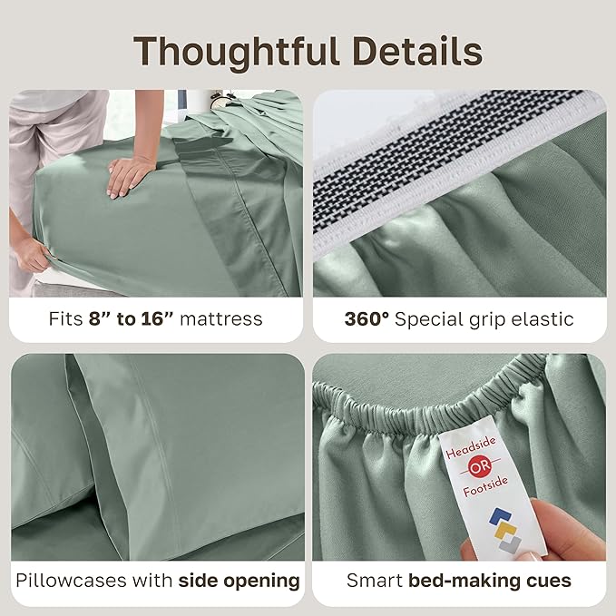 California Design Den King Size Sheet Set - Luxury Hotel 800 Thread Count Sateen, Natural 100% Cotton Bedsheets King Size Bed, Deep Pockets with Snug Fit, Durable Bedding Set - Sage Green